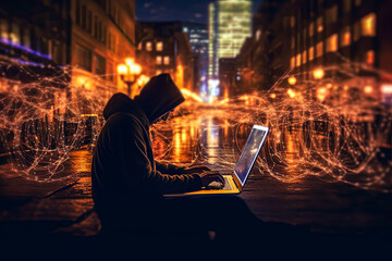 A man is sitting on a ledge with a laptop in front of him. - obrazy, fototapety, plakaty