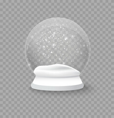 Christmas and new year realistic snow ball, xmas magical sphere. Winter in a glass ball, a crystal dome with a snowflake. Empty snow globe isolated on a transparent background.