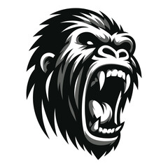 Wild angry gorilla head face design illustration, roaring strong big ape logo mascot, primate animal zoology element illustration, vector template isolated on white background
