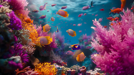 Schools of colorful angelfish darting among vibrant coral reefs - obrazy, fototapety, plakaty
