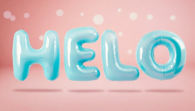 3D render blue bubble plastic baloon on pink background letters Helo sign design