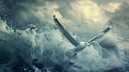 Seagull diving to catch fish in a turbulent sea - obrazy, fototapety, plakaty