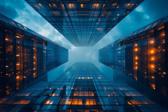 Orange lights illuminate the glass facades of towering skyscrapers against the twilight sky, a dizzying upward perspective