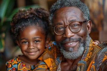 Elderly man with glasses and young girl smiling together, representing generational family ties