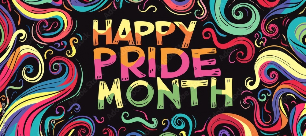 Poster pride day themed rainbow pattern with the text 
