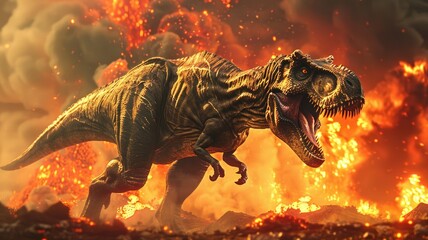 Intense T-Rex rampage amidst fiery chaos - The same fearsome Tyrannosaurus Rex charges forward in a sea of flames, evoking themes of danger and survival