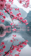 quiet lake in the mountain surrounded by beautiful nature scenery, Cherry blossoms blooming near the lake Foggy, cloudy sky