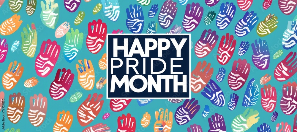 Poster pride day themed rainbow and colored finger prints pattern background with the text 