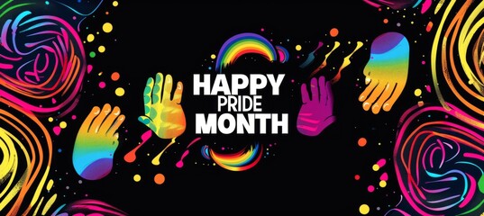 Pride Day themed graphic with rainbowcolored finger prints forming the shape of an oval, text reads "HAPPY PRIDE MONTH", background is black with colorful swirls and dots Generative AI