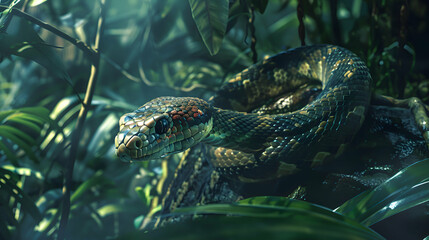 Sinuous snake slithering stealthily through the underbrush in the jungle - obrazy, fototapety, plakaty
