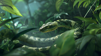 Sinuous snake slithering stealthily through the underbrush in the jungle - obrazy, fototapety, plakaty