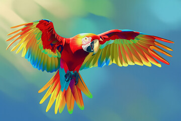 Red and yellow flying parrot cartoon, in the style of dark sky-blue and light green, AI generated - obrazy, fototapety, plakaty