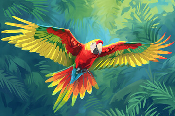 Red and yellow flying parrot cartoon, in the style of dark sky-blue and light green, AI generated