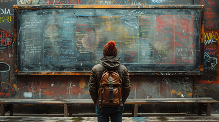Person in hoodie facing a chalkboard with graffiti. Urban education concept.