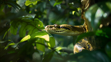 Slithering boa constrictor hunting in dense Amazonian undergrowth