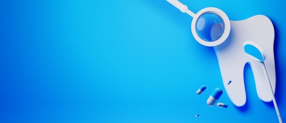 3d object illustration for dentist tooth with tools of medical health care for dental clinic hospital bussiness