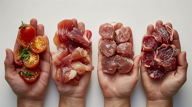 Four hands presenting a variety of fresh foods: tomatoes, fish, chicken, and beef on a neutral background.