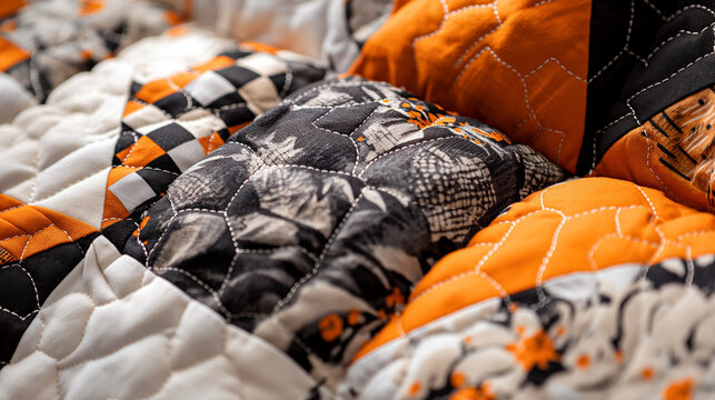 Quilted pillow, in the style of patchwork patterns, light black and orange, AI generated