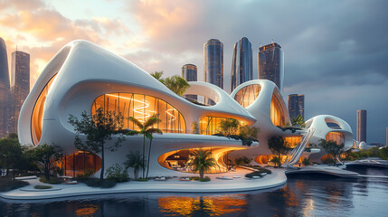 3d render of abstract art architecture building in futuristic modern organic curve and wavy lines formas based on glass and white glossy plastic materials with palm trees and skyscrapers on the back  