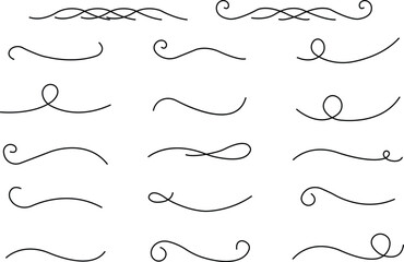 Hand drawn swirling lines and ornamental curls collections. Abstract calligraphic vector doodled dividers underline test icons set isolated on transparent background. Use for writing sketching.