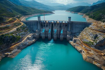 An awe-inspiring view of a colossal hydroelectric dam holding back the vibrant turquoise waters of a reservoir in a mountainous region - obrazy, fototapety, plakaty