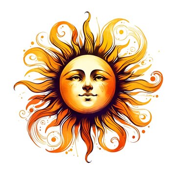 Watercolor illustration of a sun with face for aluth avurudda celebration.