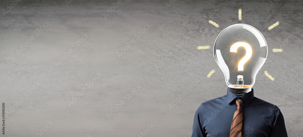 Poster creative idea or problem solving concept. light bulb and question mark instead of a businessman head