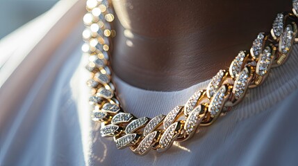 an oversized gold chain, exuding luxury and opulence under the spotlight.