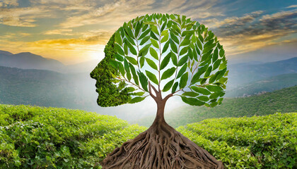Human head shaped as a tree with green leaves and mountains in the background at sunset. World environment day and nature conservation day concept