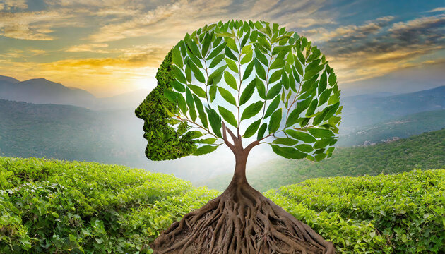 Fototapeta Human head shaped as a tree with green leaves and mountains in the background at sunset. World environment day and nature conservation day concept