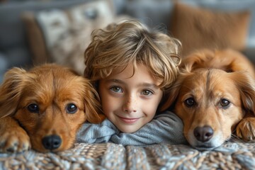 A charming boy lying down with two golden retrievers looking directly at the camera