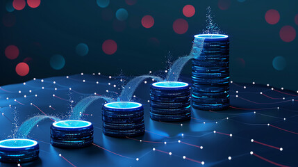3d rendering of stack of coins with glowing lines on dark background. AI.