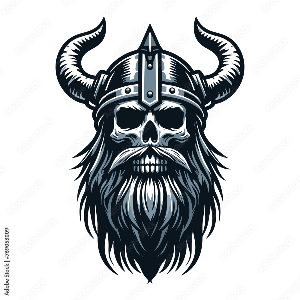 Wall mural viking head skull in helmet with horn vector illustration, nordic scandinavian warrior, suitable for