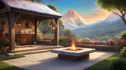 illustration vignette of a cozy outdoor space with elements such as a fire pit, pergola, and garden bed against the backdrop of a snowy mountain view and romantic sky colors. ai generated - obrazy, fototapety, plakaty