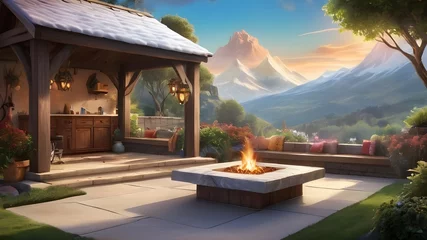 Deurstickers illustration vignette of a cozy outdoor space with elements such as a fire pit, pergola, and garden bed against the backdrop of a snowy mountain view and romantic sky colors. ai generated © LordOttori