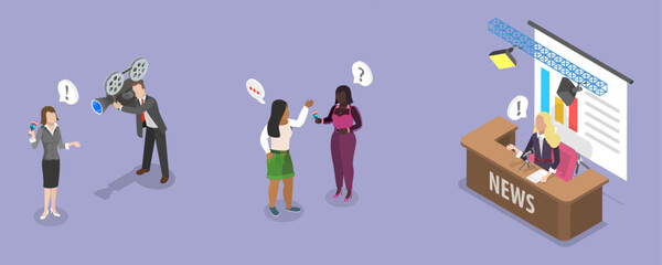 3D Isometric Flat Vector Illustration of Mass Media, Interview and Media Event