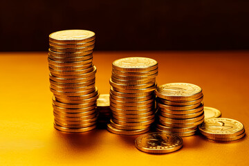 A stack of gold coins on a wooden table.