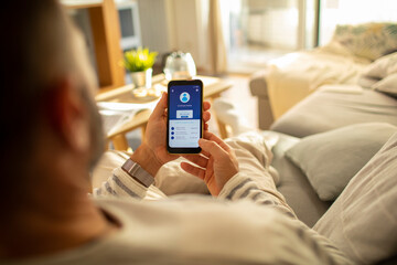 Man checking bank account on smartphone at home