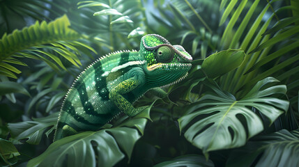 Stealthy chameleon blending seamlessly into lush rainforest foliage