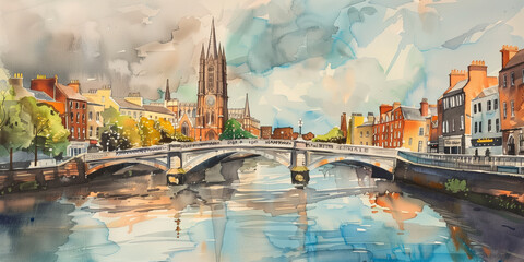 Naklejka premium Watercolor illustration of Dublin cityscape. Colorful houses, river and a bridge in typical Irish town. Watercolor landscape of Ireland.