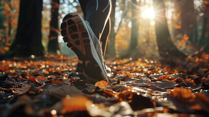 A pair of running shoes on a forest trail, dappled sunlight filtering through the leaves, AI generated - Powered by Adobe