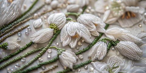 Detailed embroidery of snowdrop flowers, using colorful threads, beads and French knots.