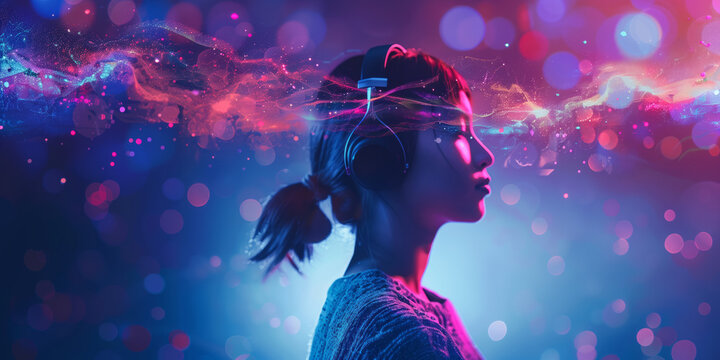 Vibrant person with headphones and flowing neon abstract lines portraying a music or audio theme. Person in earphones with abstract red light streams and dots.