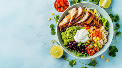 A bowl of grilled chicken with rice, black beans and corn, guacamole, pico de gallo, lime dressing and sour cream on the side, AI generated