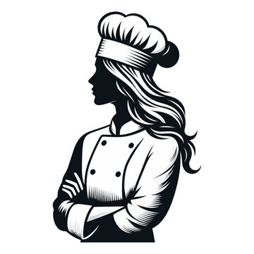 Beautiful woman chef mascot logo design illustration, restaurant business concept, female character with hat and chef uniform, vector template isolated on white background