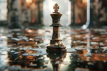 a chess piece on a wet floor
