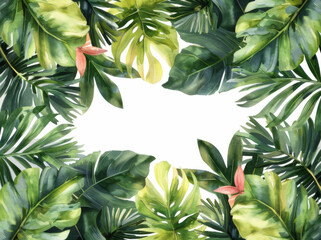 Fototapeta na wymiar Watercolor tropical leaves border or frame isolated on white background, vector illustration, clip art, spring cottagecore style.