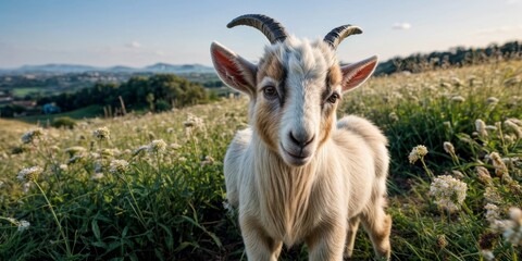   A close-up of a goat in a field of grass, surrounded by hills, trees, and a blue sky