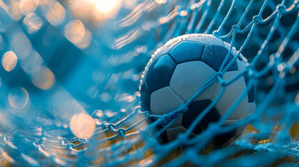 The soccer ball has just reached the goal, AI generated