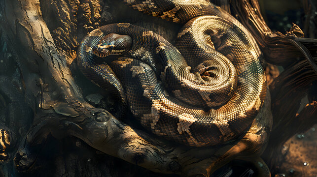 Sunbathing python curled around ancient tree trunk